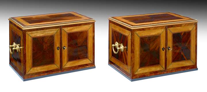 A Pair Of Roman Gilt-Bronze Mounted Rosewood, Satinwood, Ebony and Maple Cabinets